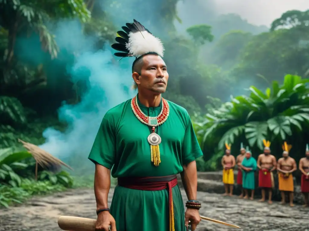 Sacrificio en la cultura maya: ritual ancestral con sacerdote, cuchillo ceremonial y espectadores en la selva al amanecer