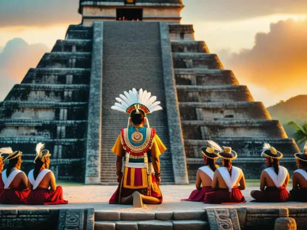 Sacrificio en la cultura maya: Ritual sagrado en la cima de la pirámide al atardecer