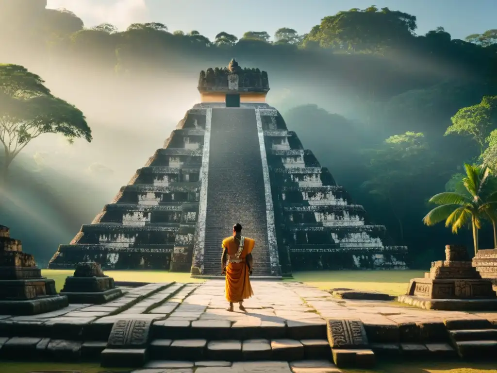 Sacrificio humano en civilización maya: Templo maya detallado en la jungla con sacerdote y altar al atardecer