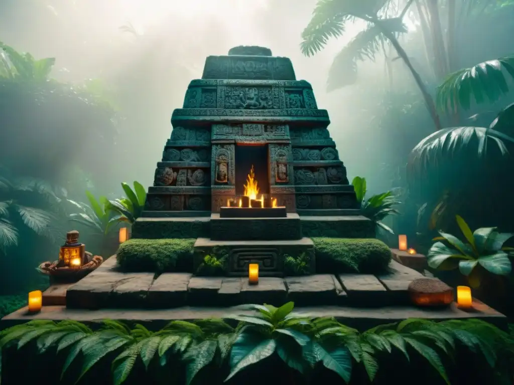 Sacrificios mayas: altar adornado en la jungla, iluminado por rayos de sol, conquistadores impactados