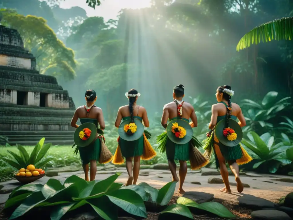 Sacrificios y ofrendas mayas lluvia: Grupo de mayas danzando bajo la lluvia en la selva con vestimenta tradicional