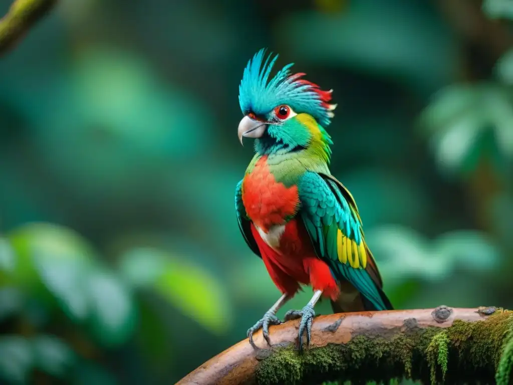 Sagrada ave maya simbolismo: Quetzal en la selva con plumaje verde y rojo bajo la luz filtrada