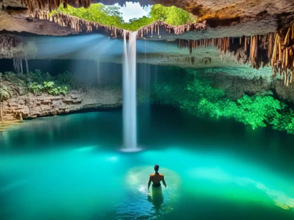Esplendor sagrado: cenote maya en la jungla Sagrada belleza de cenote maya con sacrificios humanos, rodeado de exuberante jungla y aguas cristalinas iluminadas