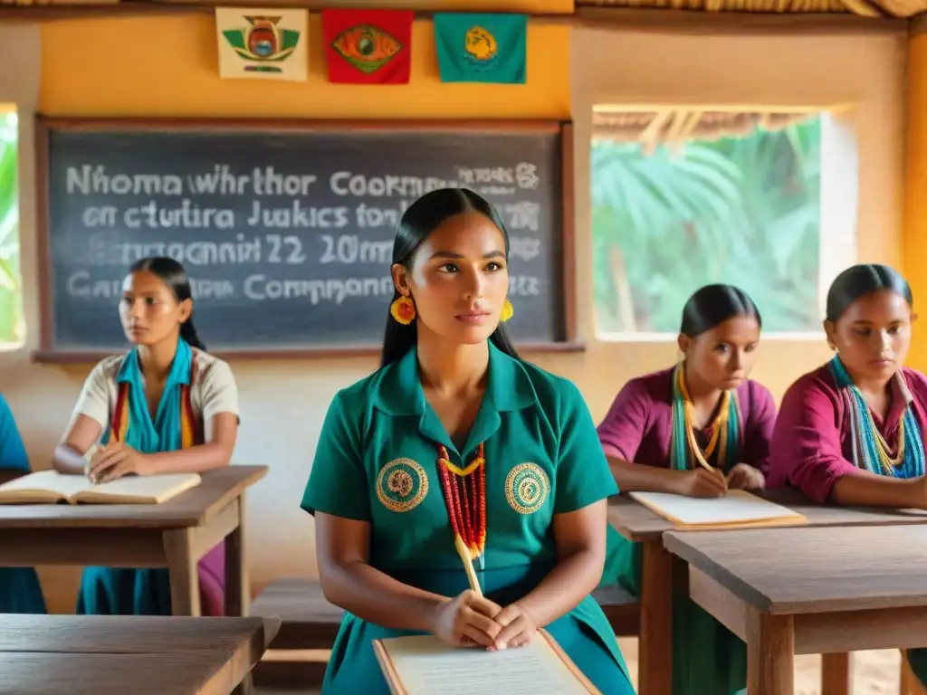 Salón vibrante en comunidad maya, jóvenes atentos a maestro maya enseñando lenguas mayas