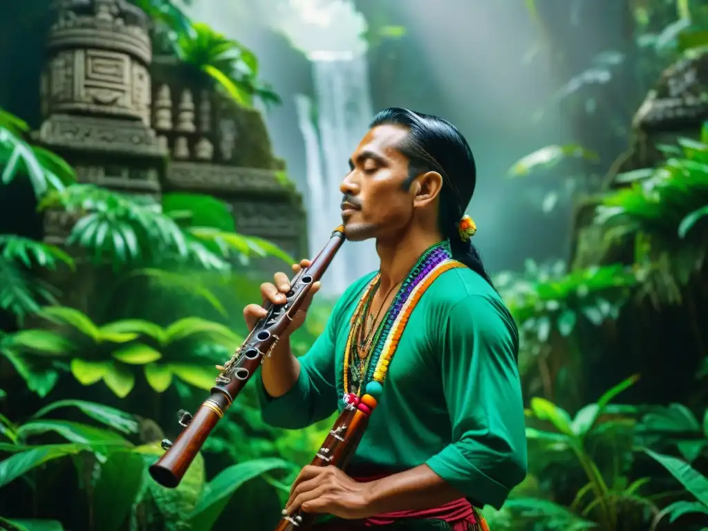 Música maya para sanación espiritual: Músico maya tocando flauta en la selva con ruinas antiguas y luz filtrándose entre el dosel del bosque