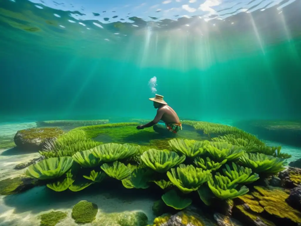 Un sanador maya recoge algas verdes en un cenote, mostrando la integración de algas en la medicina maya