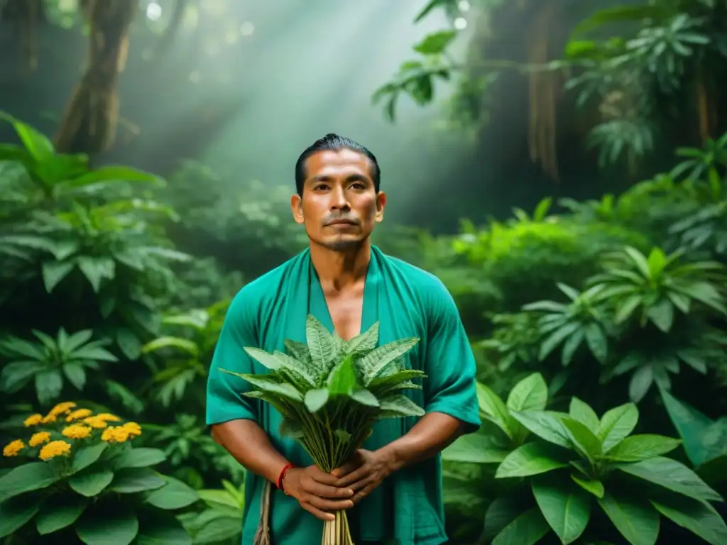 Un sanador maya en el bosque con hierbas para baños de purificación