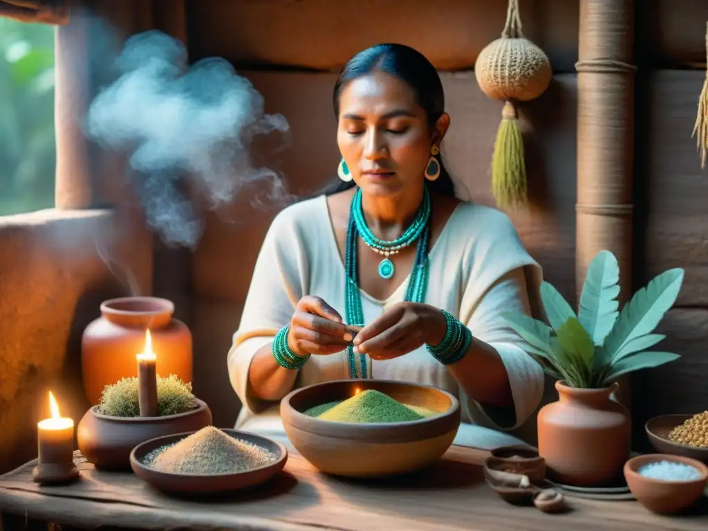 Un sanador Maya en su choza con hierbas secas y velas, preparando medicina tradicional