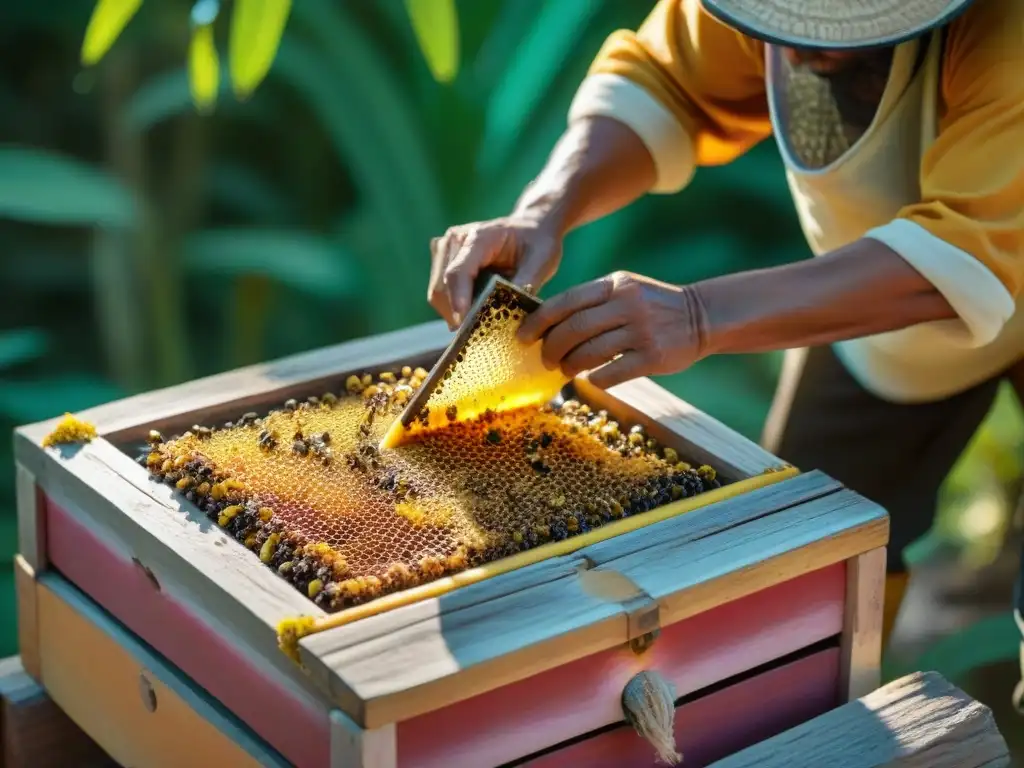 Sanador maya cosecha miel de abejas meliponas con herramientas antiguas en la península de Yucatán al atardecer