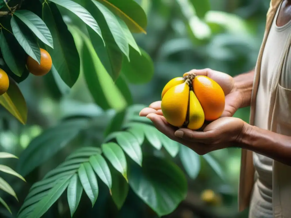 Un sanador maya selecciona frutos maduros de nance en la selva tropical