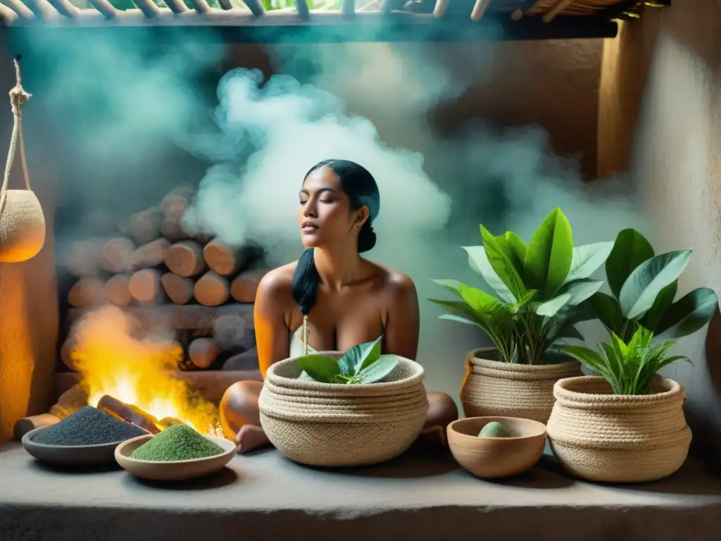 Un sanador maya prepara hierbas para un baño de vapor detoxificación, mostrando sabiduría ancestral y conexión con la naturaleza