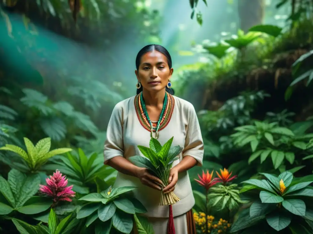 Un sanador maya recoge hierbas tradicionales en la selva vibrante, conectando con la naturaleza