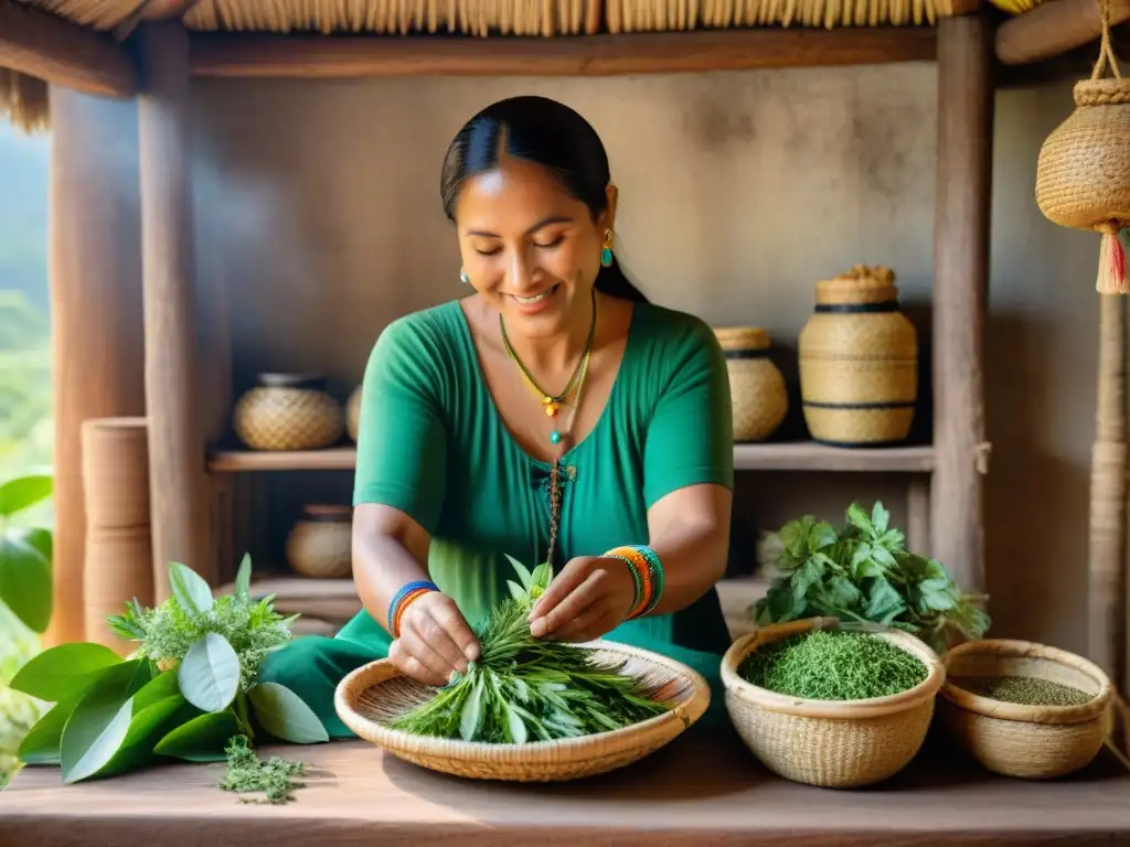 Un sanador maya selecciona hierbas verdes en cesto tejido, con luz cálida en palapa rústica