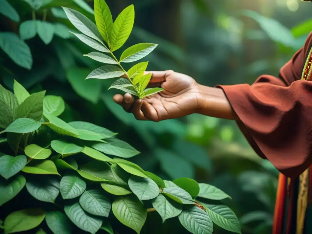 Un sanador maya selecciona hojas de plantas medicinales en la selva