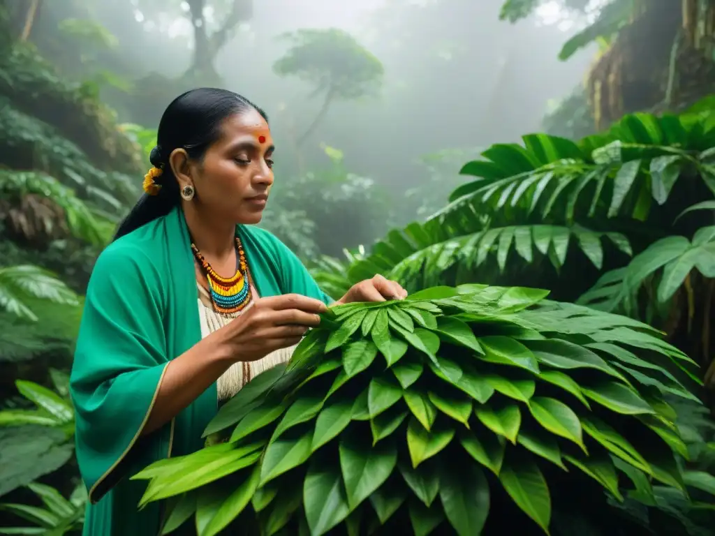 Un sanador maya recogiendo hojas verdes en la selva: prácticas medicinales antiguas mayas