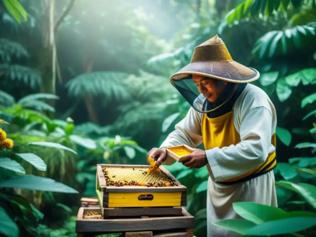 Un sanador maya recolectando miel en la selva, rodeado de hierbas medicinales