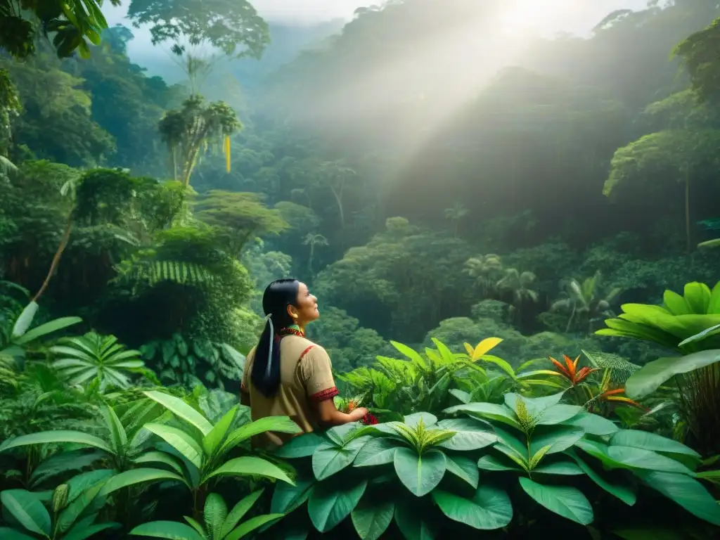 Un sanador maya recolectando plantas medicinales en la selva, conectando tradición con farmacología moderna