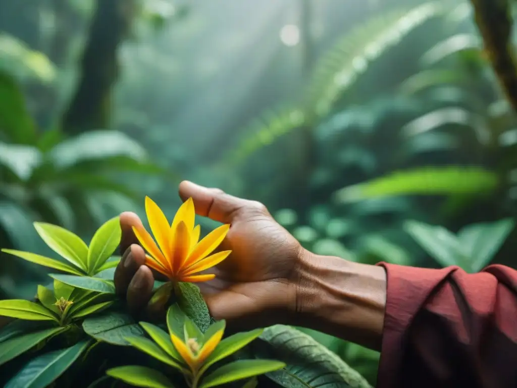 Un sanador maya selecciona plantas medicinales en la selva: detalle de hojas y flores vibrantes