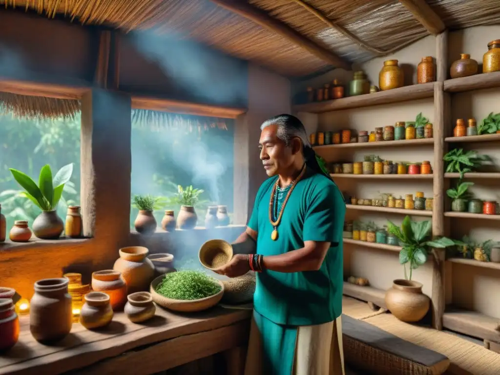 Un sanador maya selecciona plantas medicinales en una cabaña iluminada por la luz solar