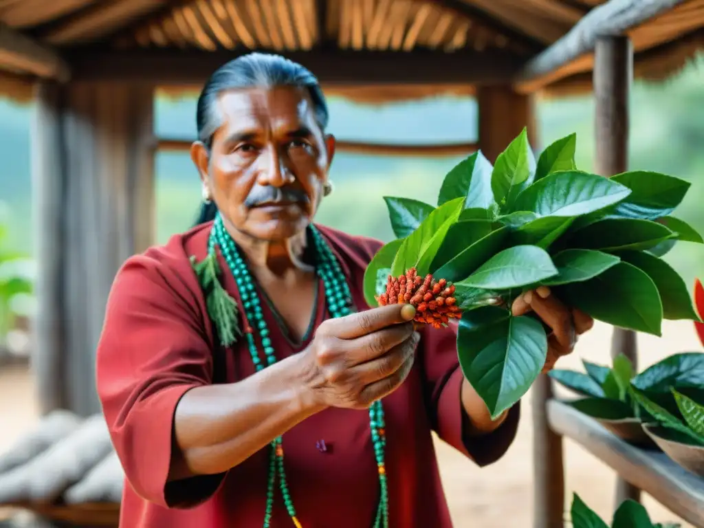 Un sanador maya muestra las propiedades medicinales del achiote en su choza rústica