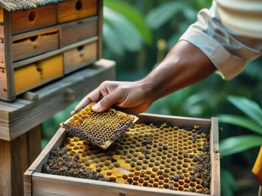 Un sanador maya recoge propóleo de abejas en la selva, con símbolos antiguos y colores vibrantes