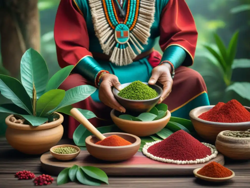 Un sanador maya prepara remedio con semillas de achiote, destacando beneficios achiote medicina maya