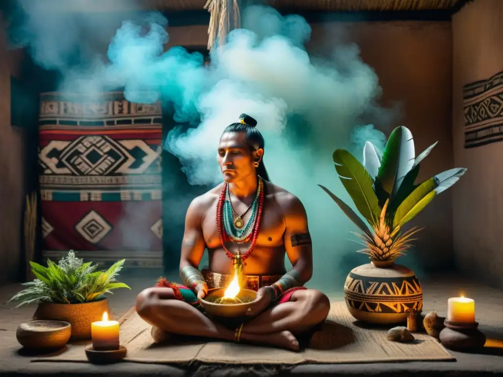 Un sanador maya realiza un ritual de curación en una habitación llena de humo, con símbolos y artefactos mayas