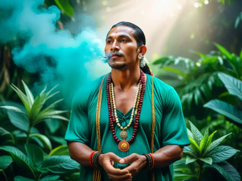 Sanador maya en ritual con plantas medicinales en selva mística