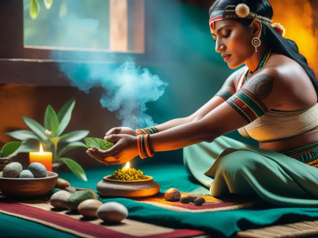Sanación ancestral: ritual maya con hierbas y misticismo Un sanador maya realiza un ritual sagrado rodeado de hierbas y piedras, conectando con el cosmos