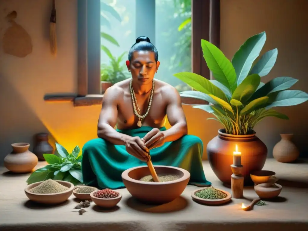 Sanador Maya rodeado de plantas medicinales en escena espiritual con rayos de sol