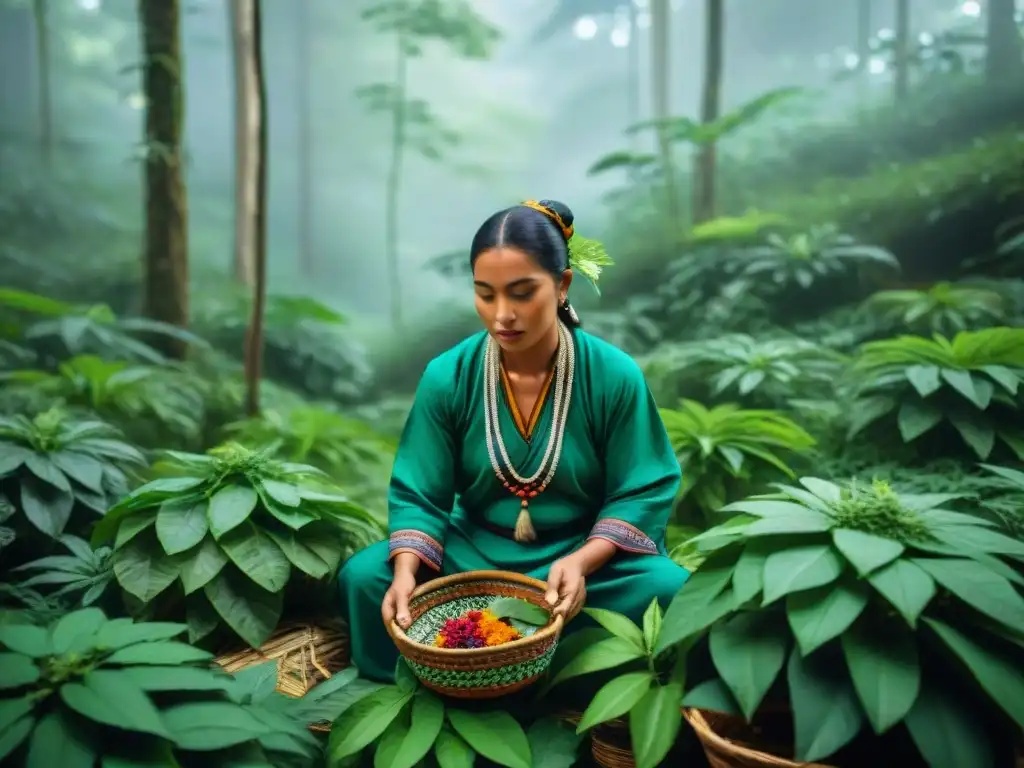 Curandero Maya recolectando chaya en la selva Un sanador Maya recolecta chaya en la selva: escena auténtica y serena resaltando los Beneficios de la chaya maya