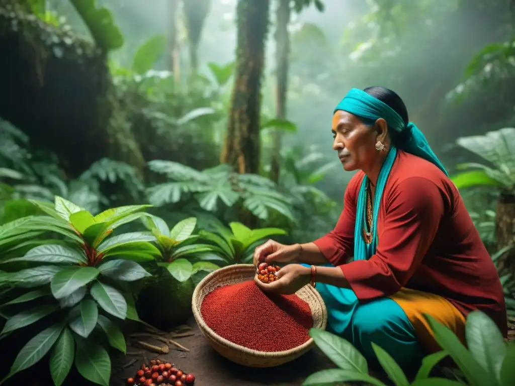 Un sanador maya recolecta semillas rojas de achiote en la jungla exuberante