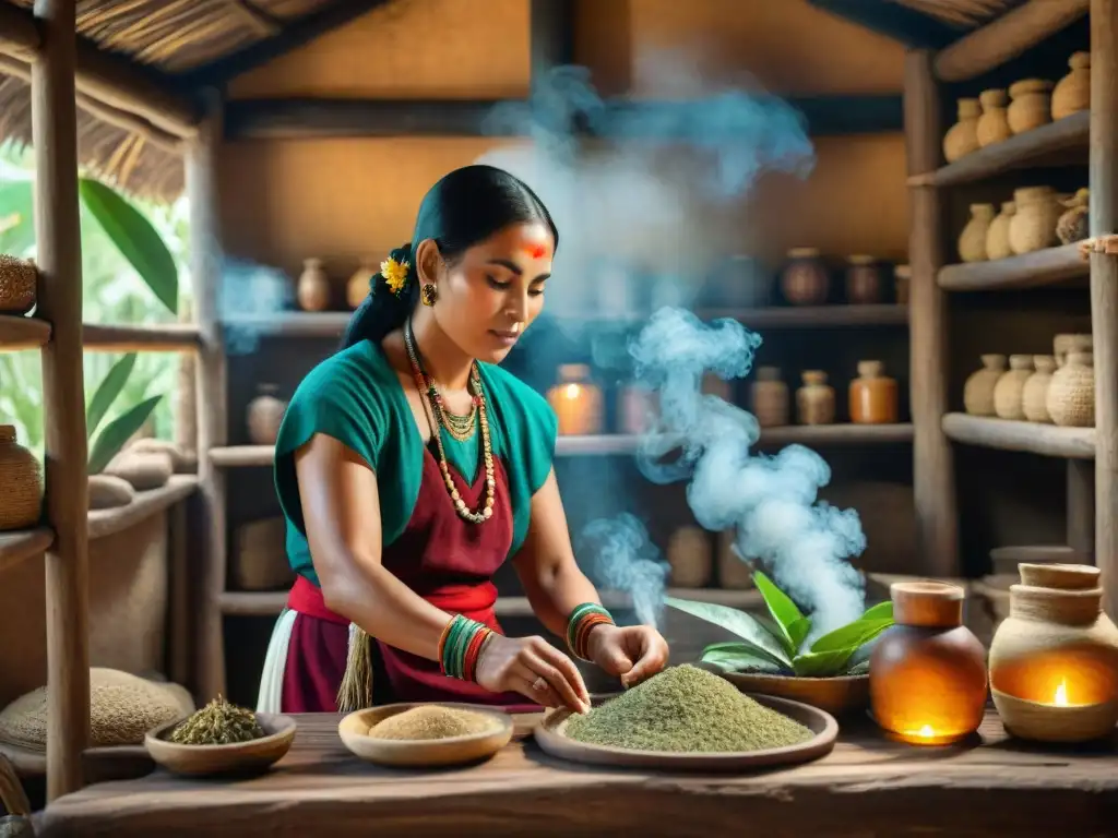 Un sanador maya tradicional prepara hierbas medicinales en su choza de madera, rodeado de plantas secas y raíces