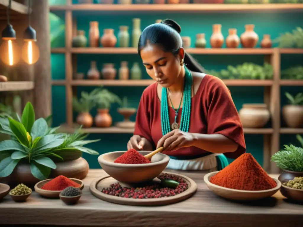 Un sanador maya tradicional prepara una mezcla medicinal con semillas de achiote, rodeado de hierbas