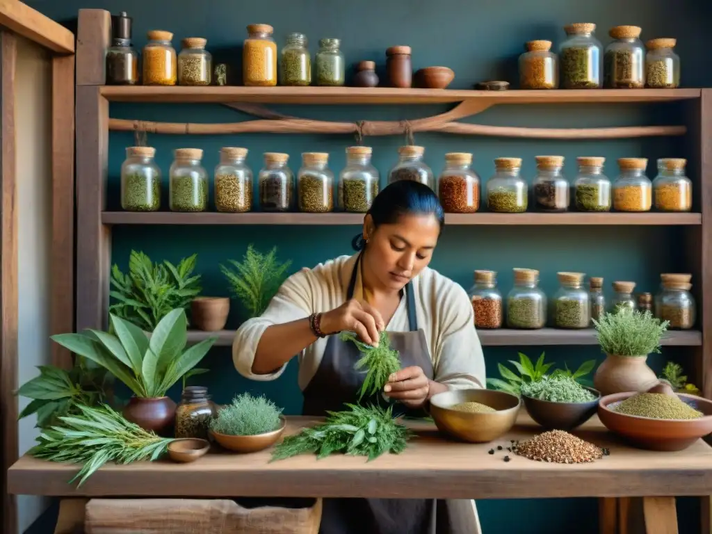 Un sanador maya tradicional preparando una poción curativa rodeado de plantas y hierbas medicinales en una cocina rústica