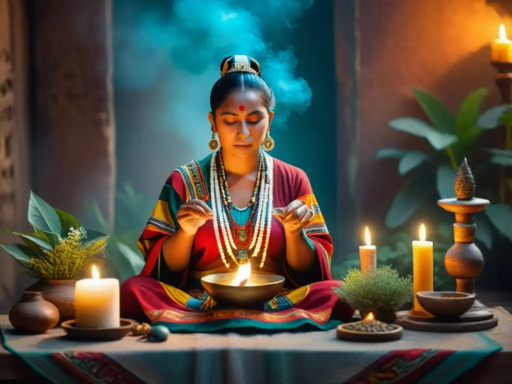 Un sanador maya tradicional realiza un ritual sagrado rodeado de hierbas medicinales, velas y artefactos espirituales