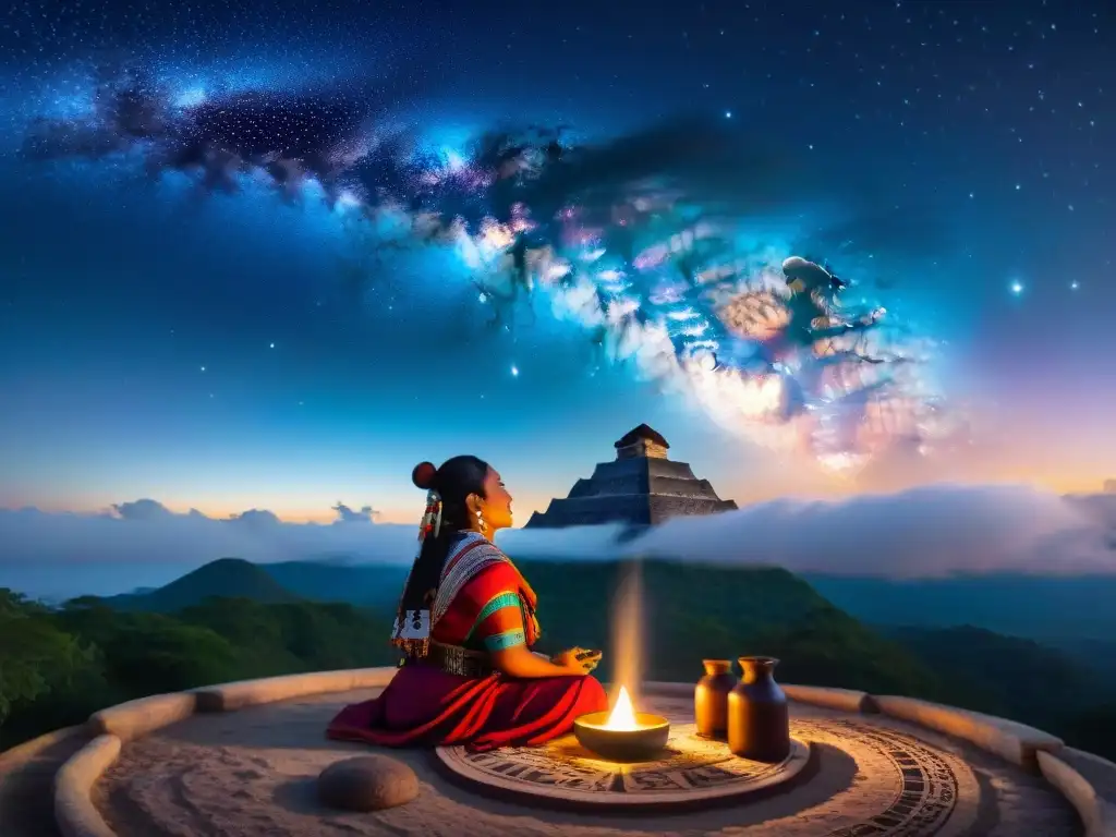 Curandero maya en ritual cósmico nocturno Un sanador maya tradicional realiza un ritual bajo el cielo nocturno, conectando medicina ancestral y cosmos