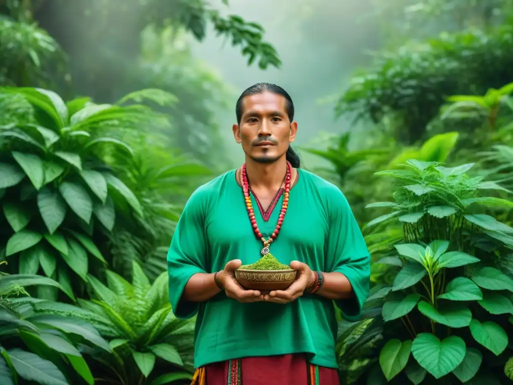 Un sanador maya tradicional rodeado de plantas medicinales en la selva