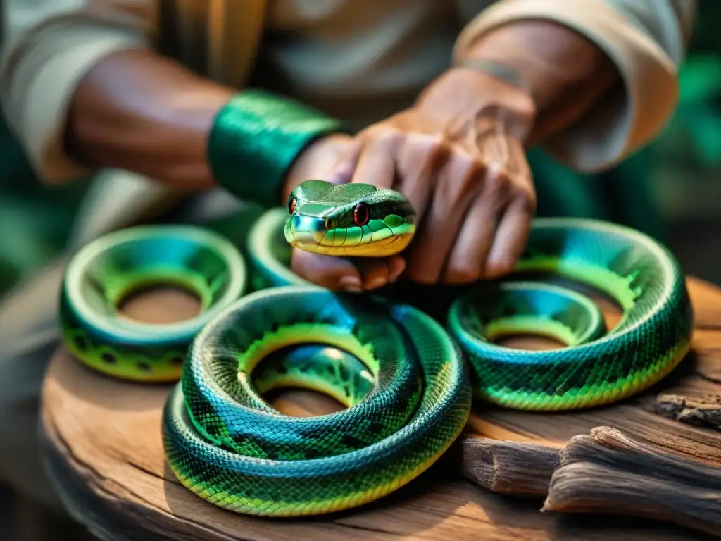 Un sanador maya tradicional extrae veneno de una serpiente verde, mostrando la curación con reptiles en la medicina tradicional maya