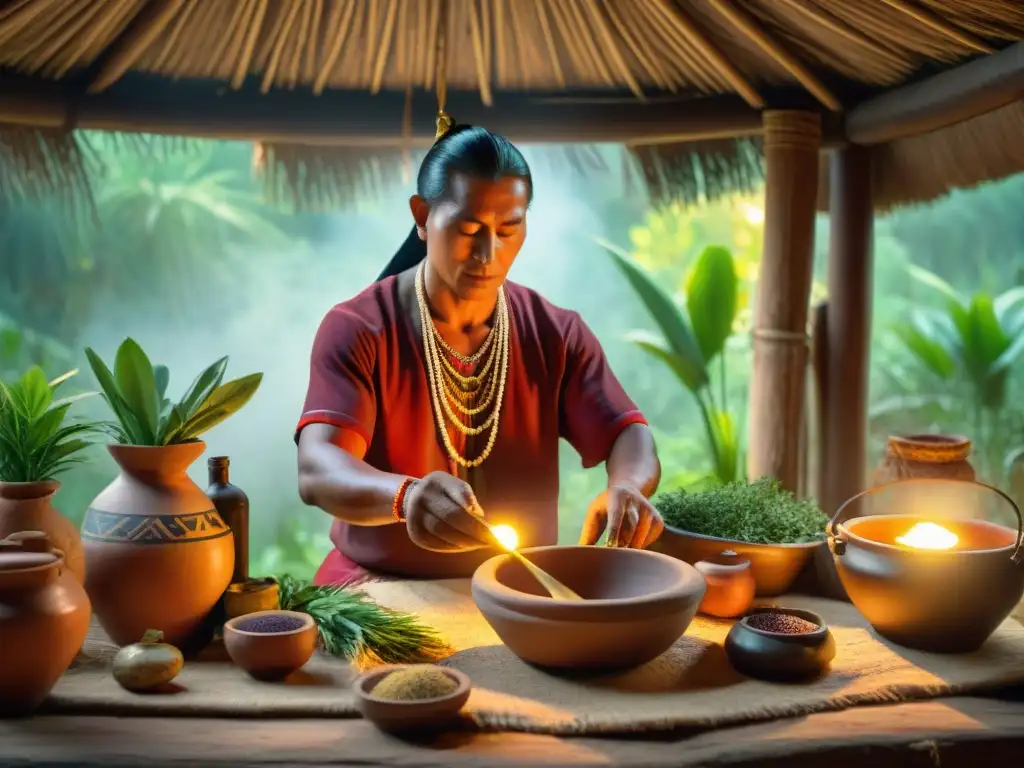 Un sanador maya preparando Xtabentún en una cabaña rústica, mezclando hierbas bajo la luz del sol