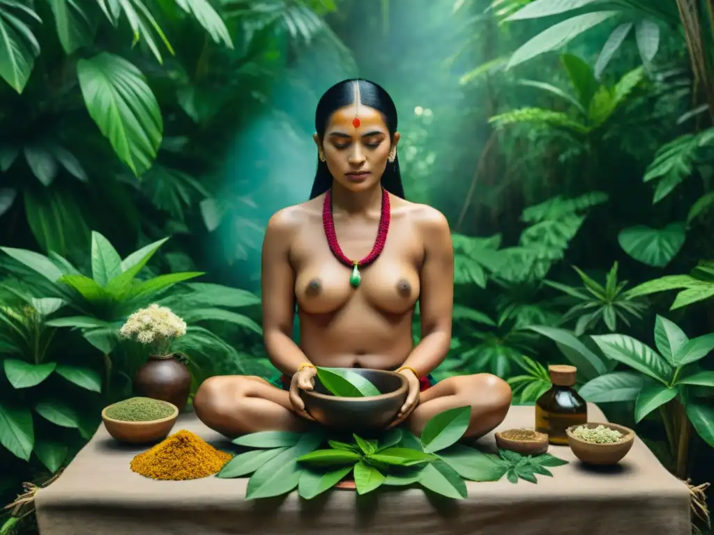 Un sanador tradicional maya elaborando remedios herbales en la exuberante jungla