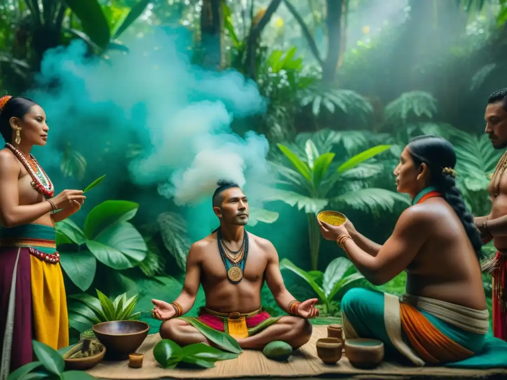 Un sanador tradicional maya realiza un ritual de curación en la jungla, rodeado de la civilización maya y caribeña