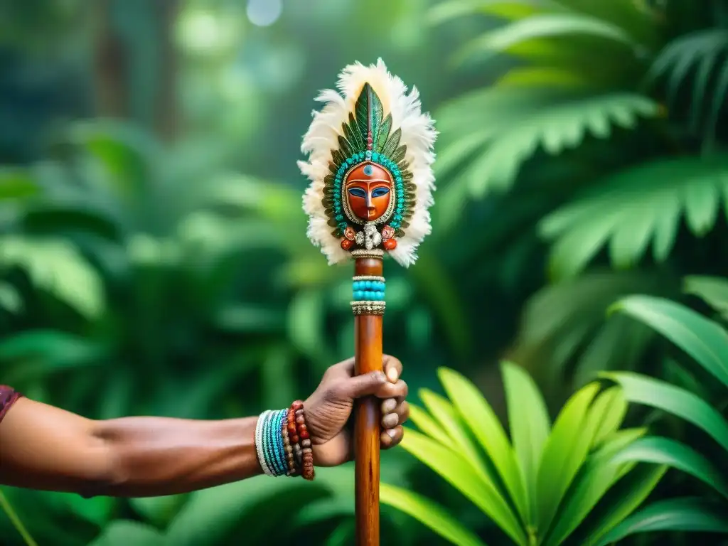 Un sanador tradicional maya sostiene un bastón tallado con plumas y gemas en la exuberante jungla, en un ritual de medicina tradicional maya