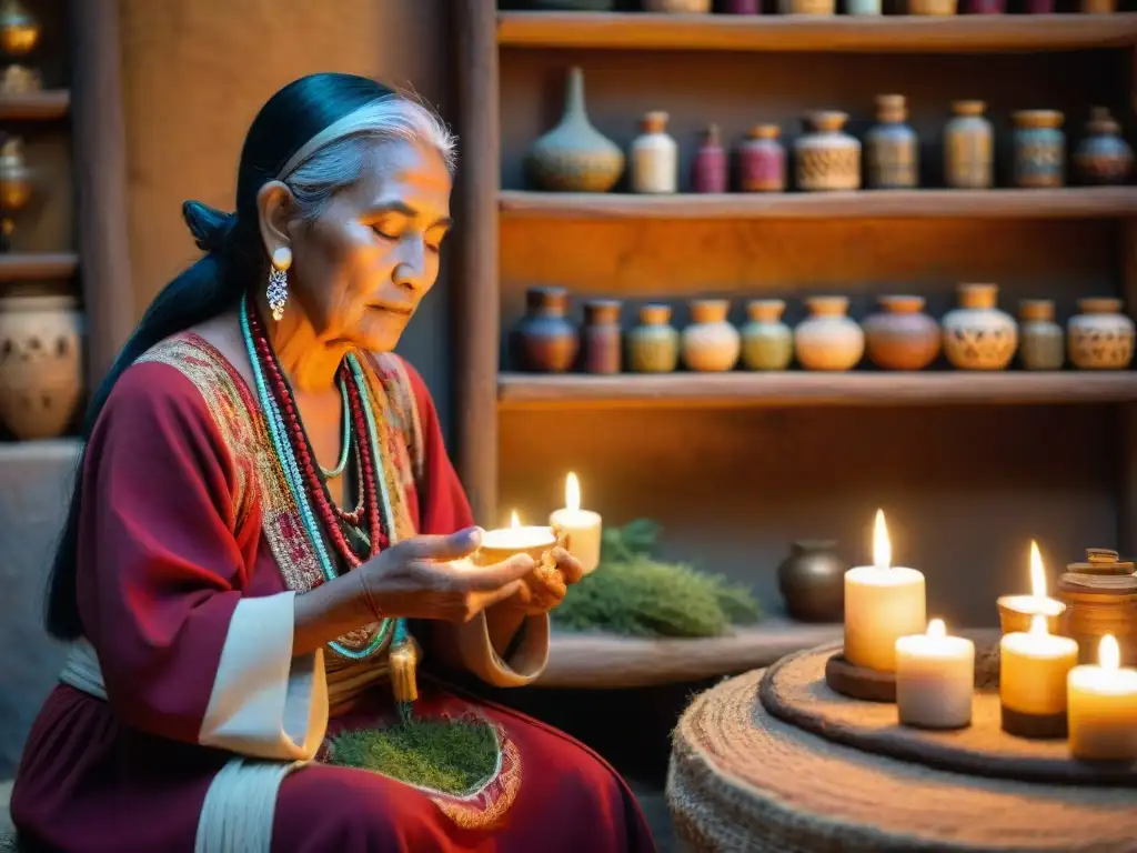 Una sanadora maya anciana realiza un ritual de sanación en una habitación llena de hierbas y velas, evocando prácticas curativas mayas siglo XXI