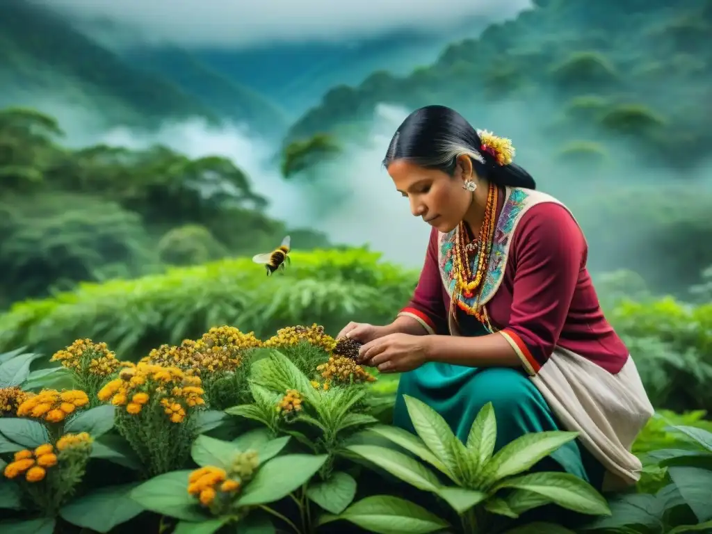 La sanadora maya recolecta hierbas medicinales en la selva de Guatemala, demostrando la importancia de las abejas en la medicina herbal maya