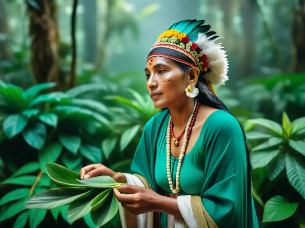 Curandero Maya recogiendo plantas medicinales en la selva Sanadora Maya recolectando plantas medicinales en la selva, en armonía con la naturaleza