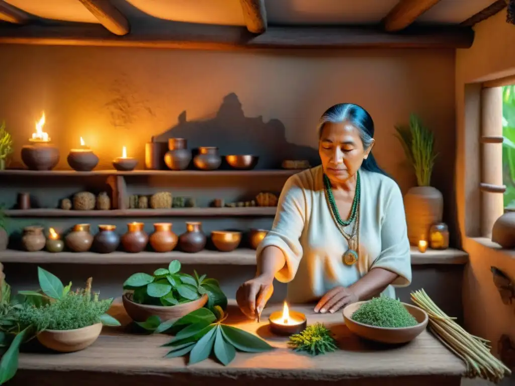 Una sanadora Maya prepara remedios con hierbas en cocina rústica iluminada por una vela