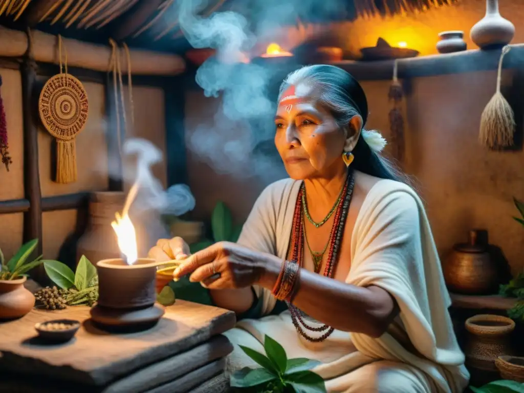 Una sanadora maya prepara remedios con hierbas en su choza iluminada por una vela