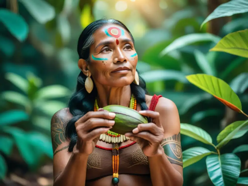 Una sanadora maya rodeada de cacaotales en un bosque tropical