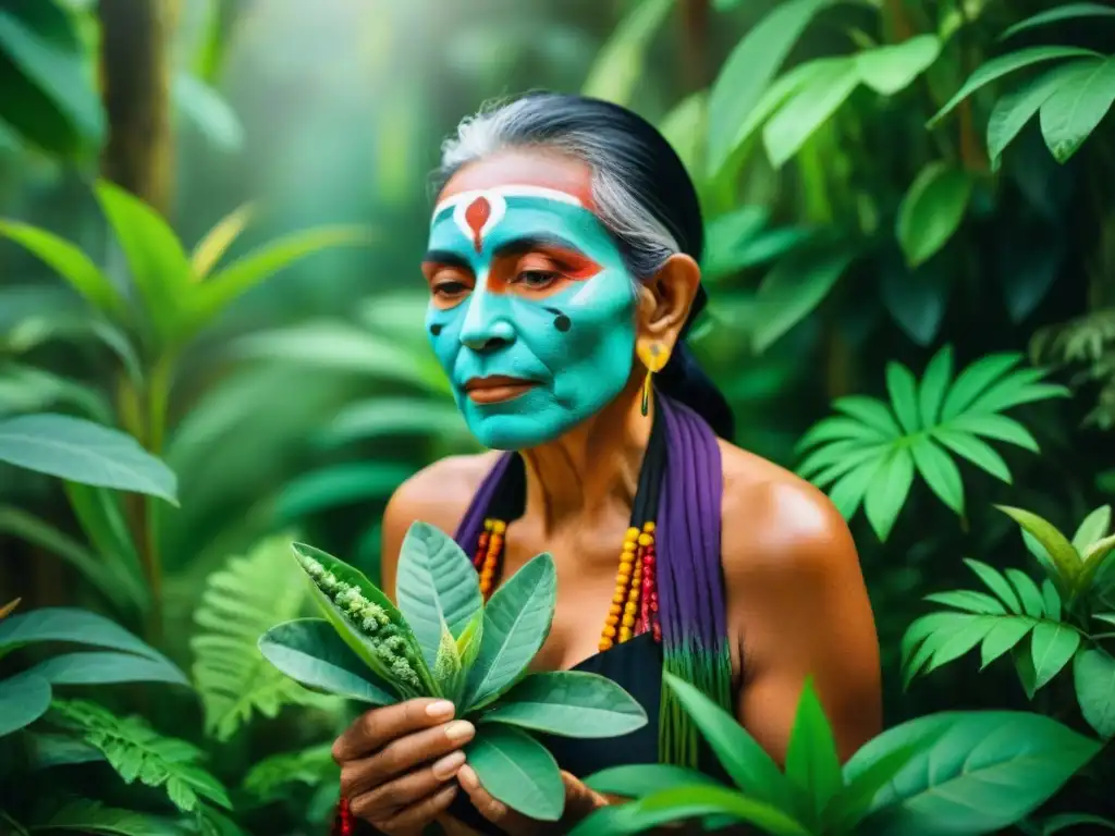 Una sanadora maya rodeada de plantas medicinales en la selva